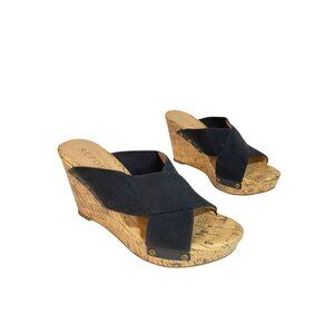 Report Dustin Y2K Chunky Black Fabric & Cork Wedge Sandals Women's Size 7.5